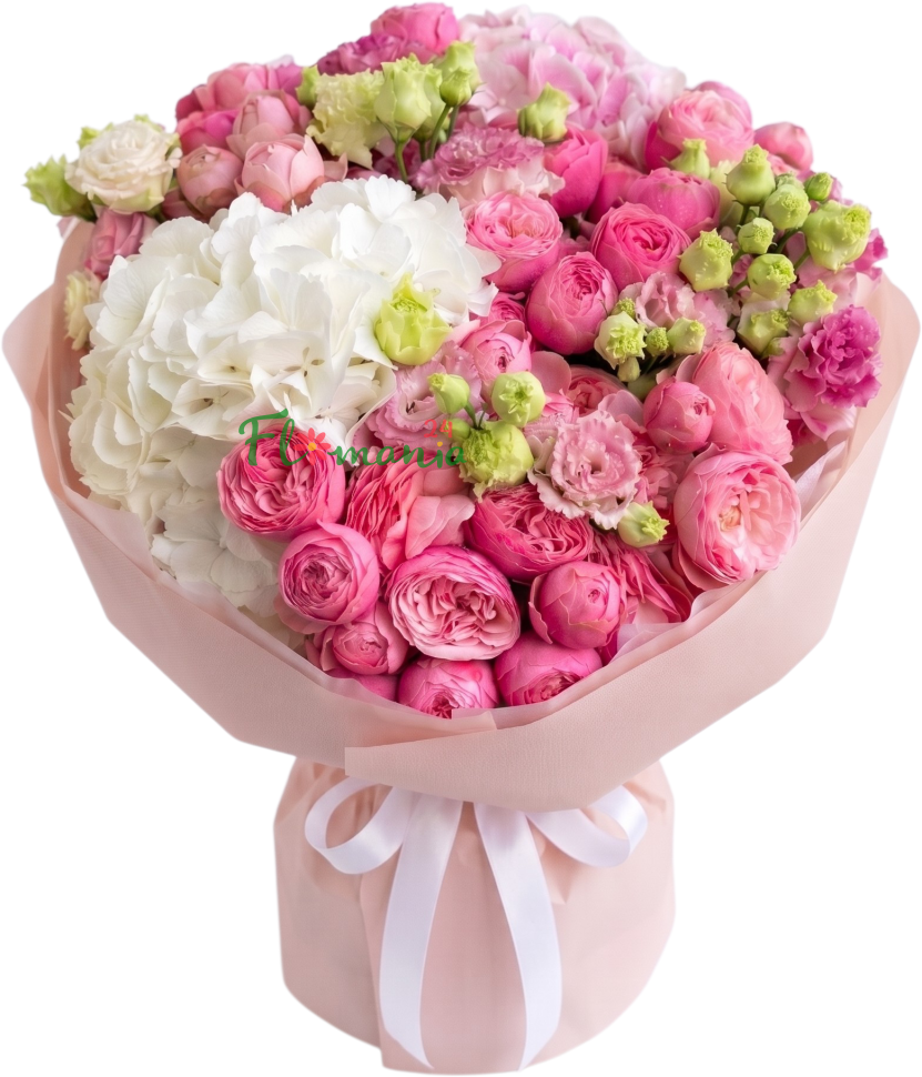 Букет «Гармония оттенков» из гортензии и кустовых пионовидных роз
